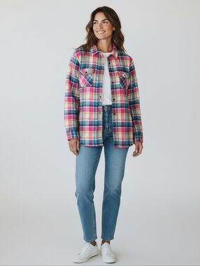 Bit & Bridle Shacket Quilted Shirt Jacket Plaid Flannel Western Sz XL Pink Multi